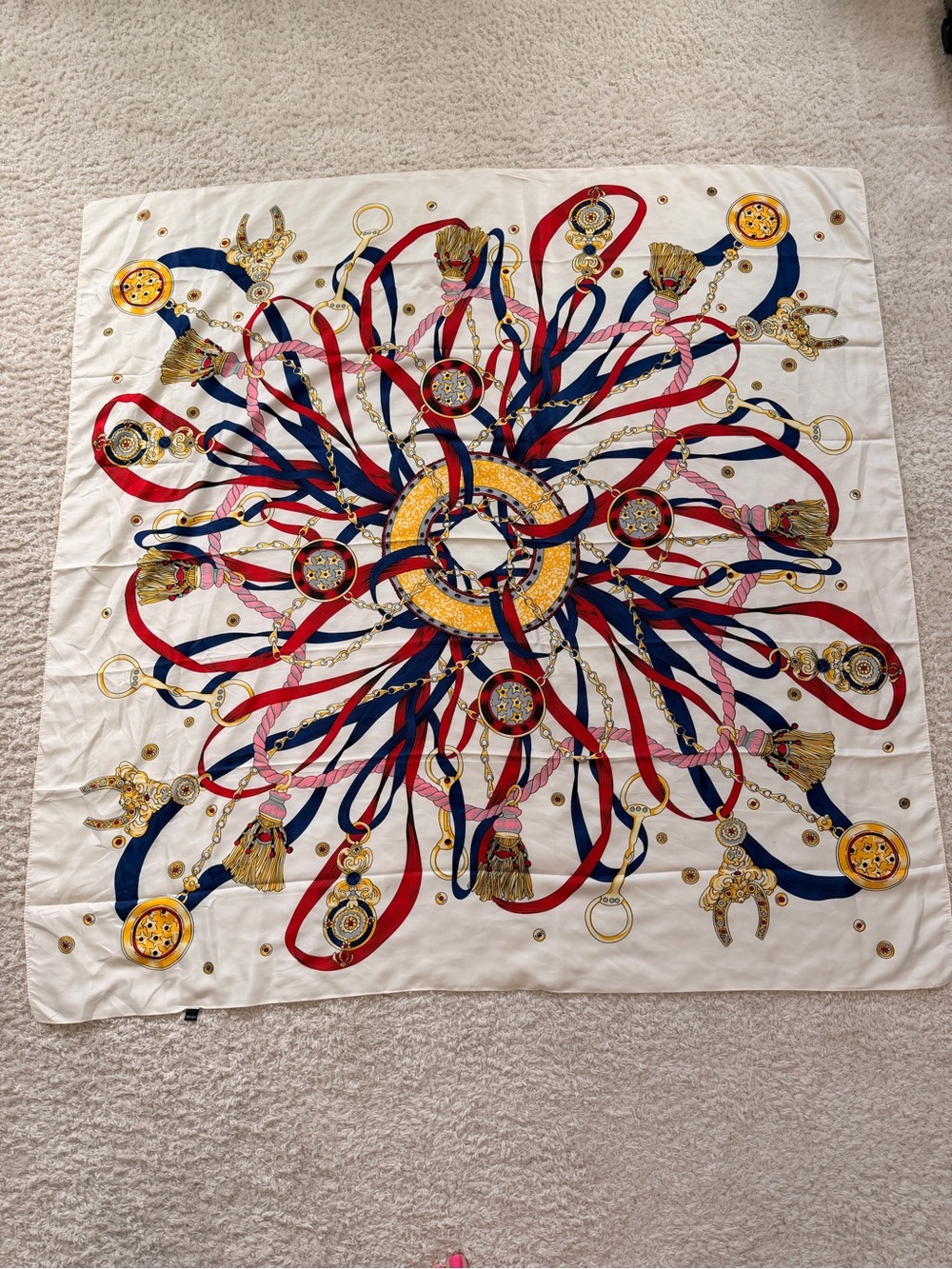 Vintage Silk Scarf • Chain Tassel Medallion Print • 100% Silk
